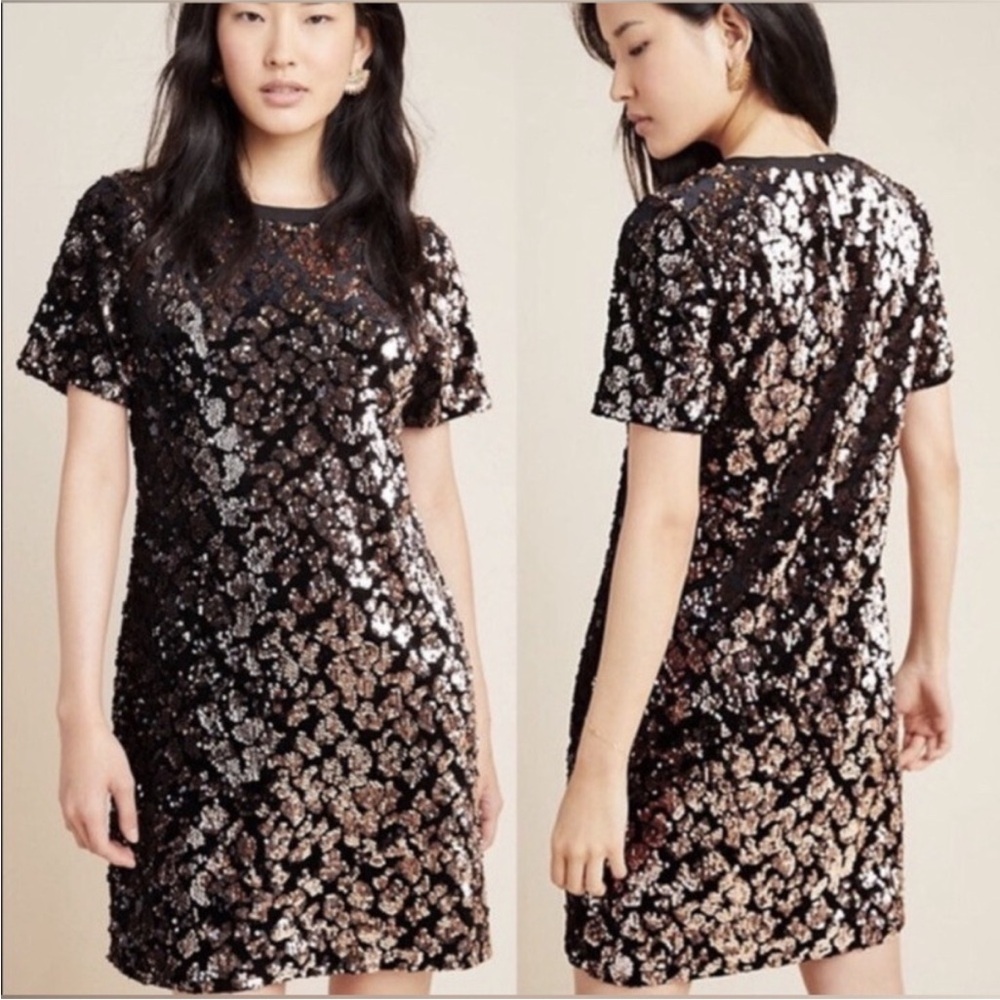 Sequin Short Sleeve Shift Dress in Black and Bronze, XL